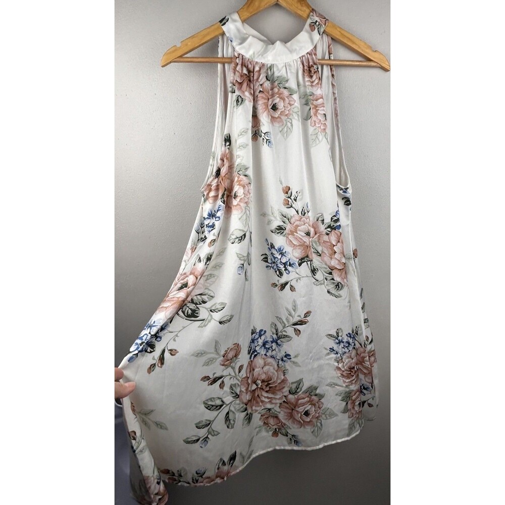 Lulus White Floral Print Trapeze Halter Sleeveless Mini Dress sz L Retro Swing